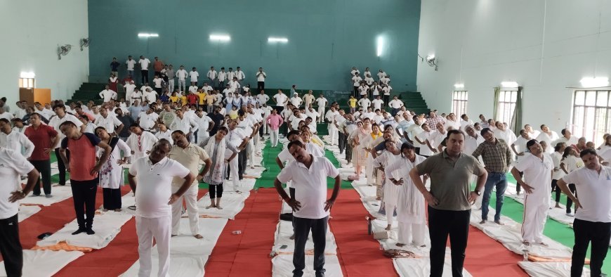 एकलव्य स्टेडियम में योगमय हुआ अम्बेडकर नगर, प्रभारी मंत्री के साथ अफसरों ने किया योगाभ्यास