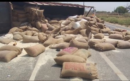 कौशाम्बी: रामवनगमन मार्ग पर हादसा, पत्थर से टकराकर अनाज से लदा ट्रक पलटा; चालक-खलासी गंभीर